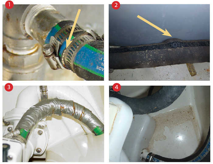 Four images displaying an improperly installed hose, bulge in hose, duck taped hose, head leak