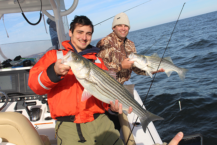 Two Caucasian young adult males each holding a large stripped bass while on a boat in open waters 
