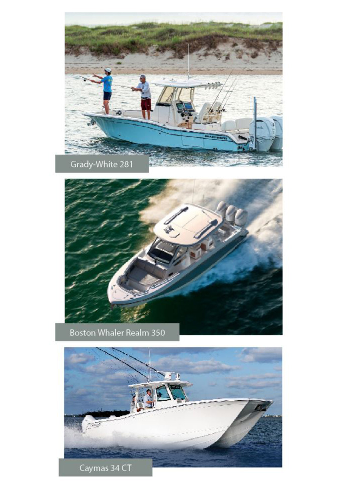 Three individual photos of white boats out on the open water stacked