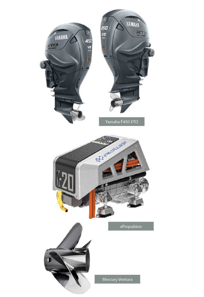 Three examples of electric motors - the Yamaha F450 XTO, ePropulsion and the Mercury Ventura