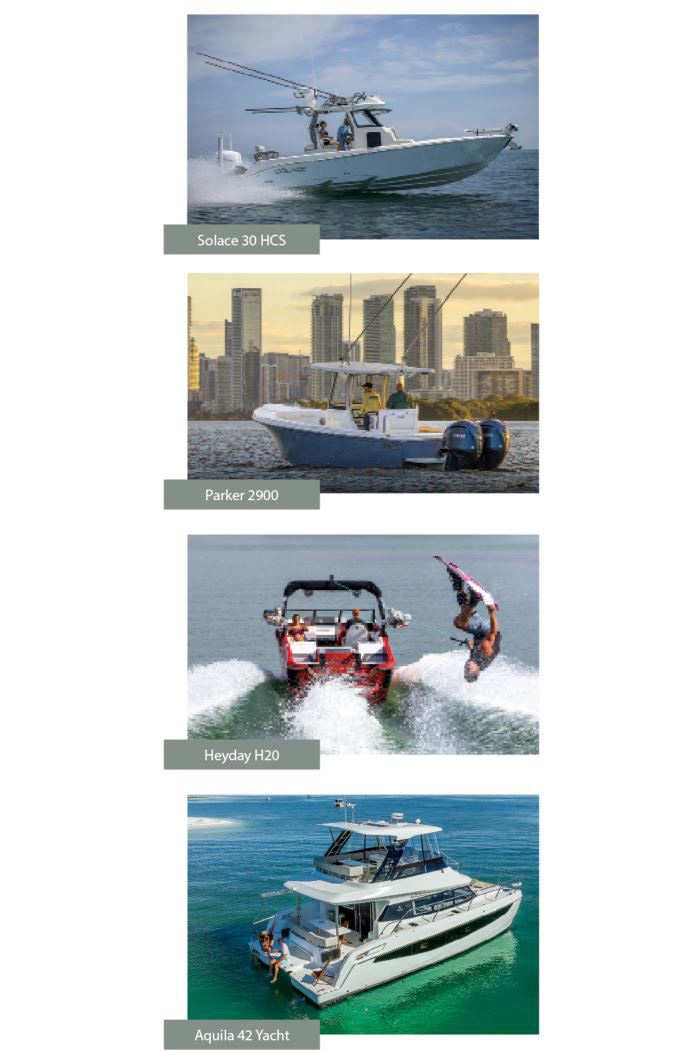 Four individual photos of boats in use on the open water - a Solace 30 HCS, Parker 2900, Heyday H20 and Aquila 42 Yacht