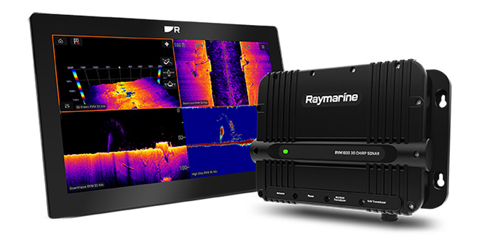 Black Raymarine Axiom 2 Pro line in use displaying radar and video feeds