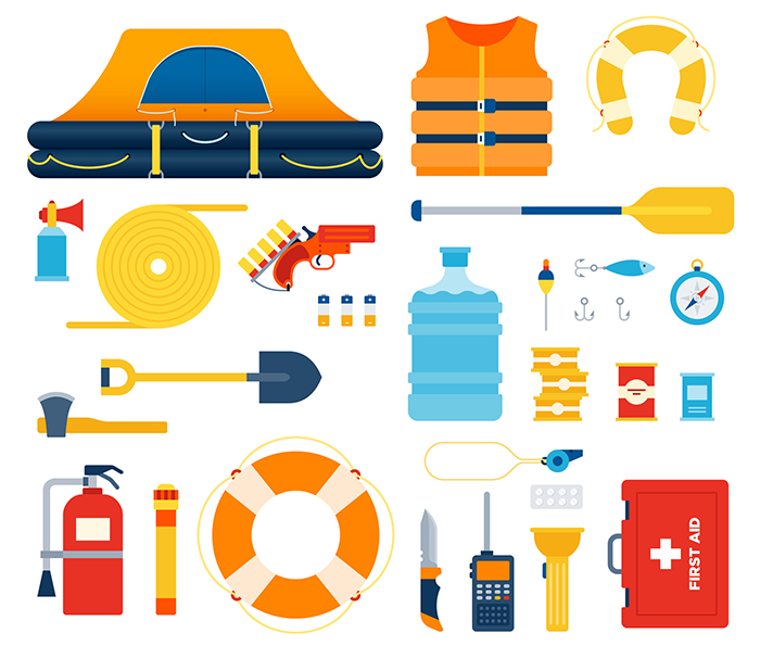 Graphic displaying safety equipment, including life jackets, fire extinguishers, and visual distress signals.