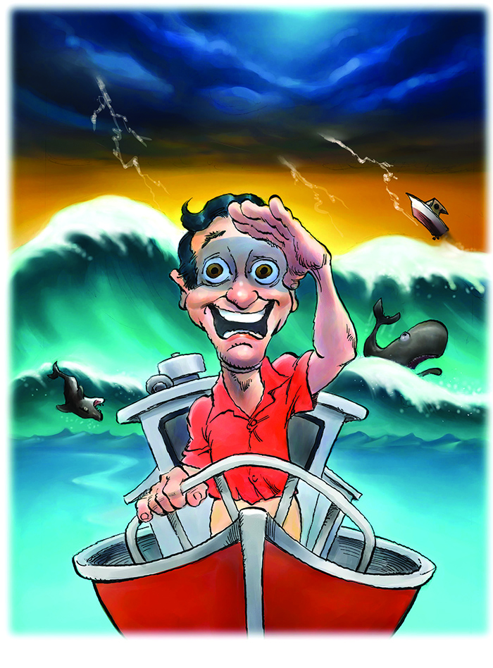 Illustration of an adult male on a read boat navigating choppy waters during a storm.