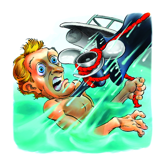 Illustration of a man in the water trying to untangle a red rope from the boat motor.