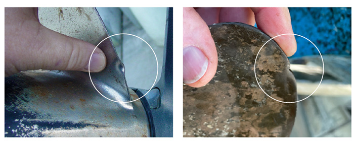 Two close-up photos of a boat propeller blades being inspected and balance being checked.