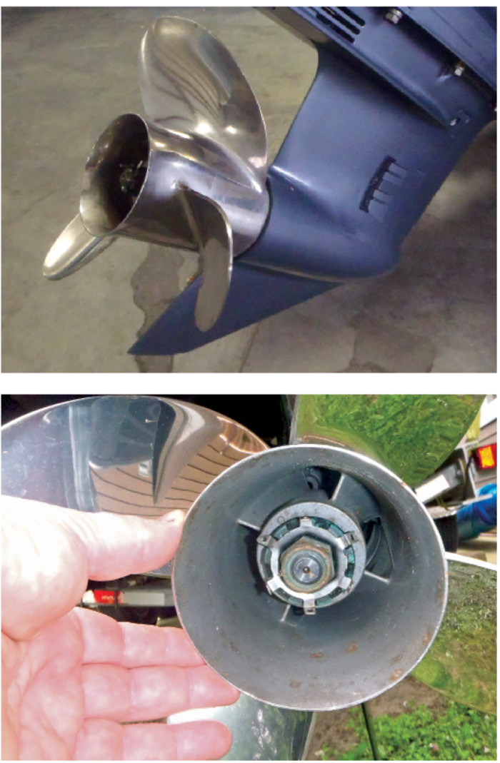 Two photos of a boat propeller's components being checked.