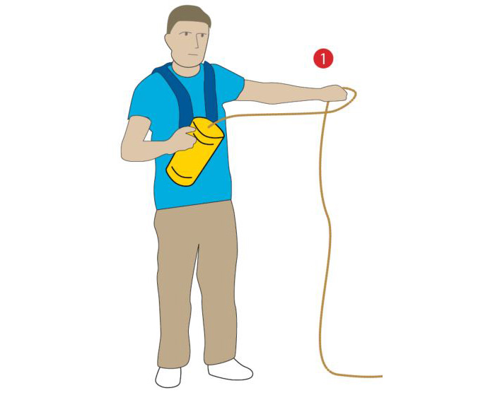 Illustration of a man in a blues shirt and khaki pants preparing to use a throw bag.