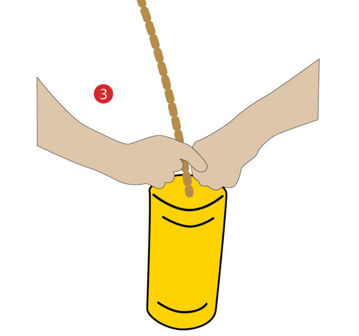 Illustration of hands repacking the line back into a yellow throw bag.