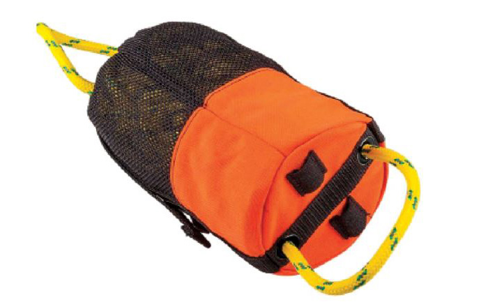 An orange and black throw bag with yellow and blue line.
