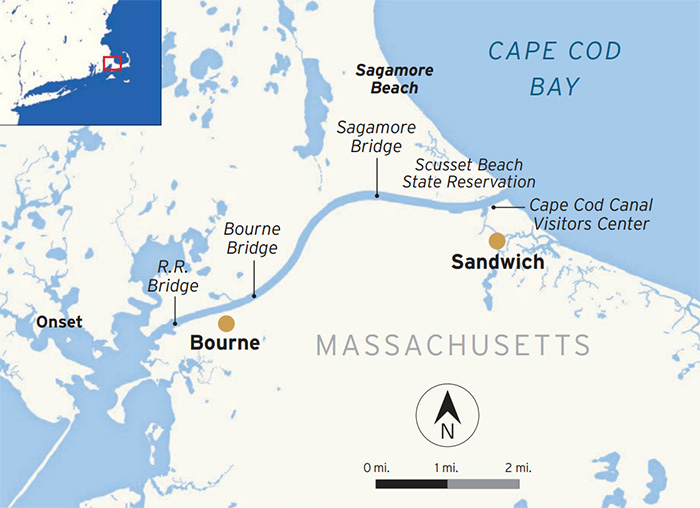 A map illustration showing the various bridges throughout the Cape Cod Canal.