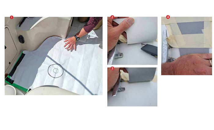 Images of four steps to apply a closed-cell foam floor in a boat.