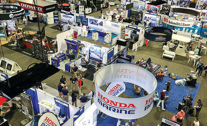 Ariel shots of numerous booths at a boat show.