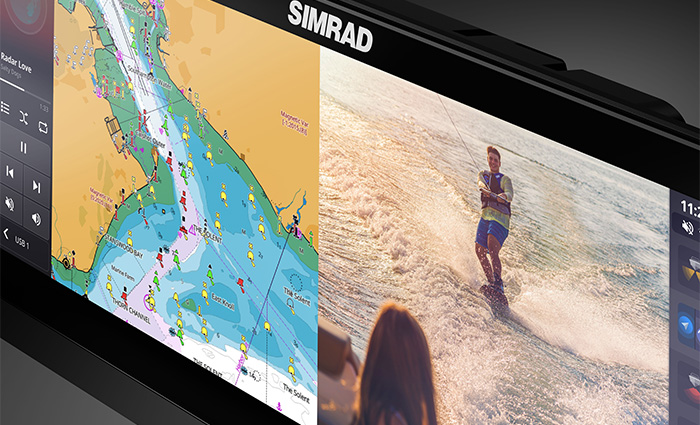 Multi function display showcasing split screen of a radar and person water skiing. 