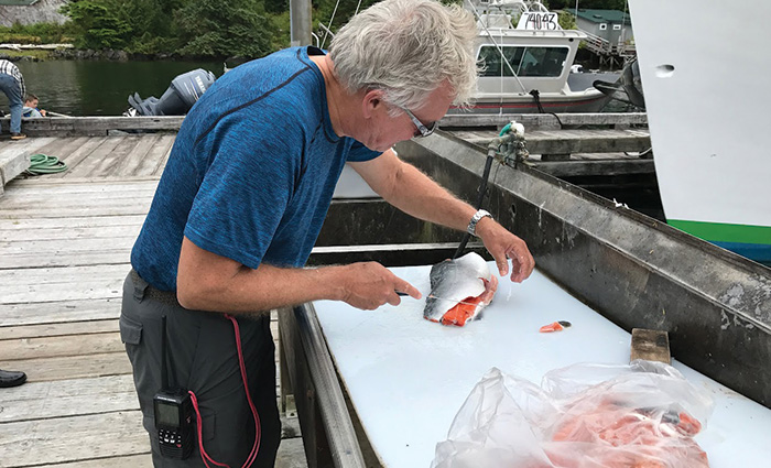 Middle-aged man fileting fish on a dock.