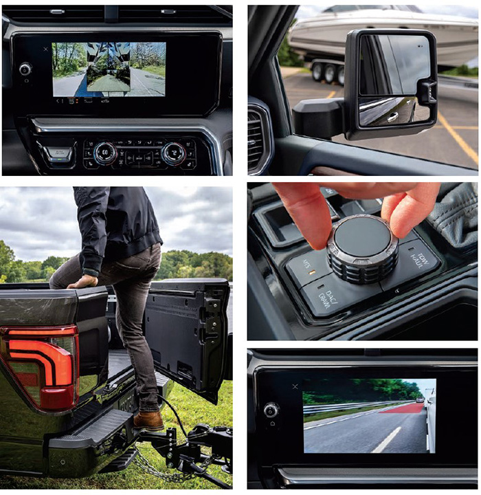 Five photos showcasing trailer assist navigation controls, navigation, rear view mirrors and technology in use.