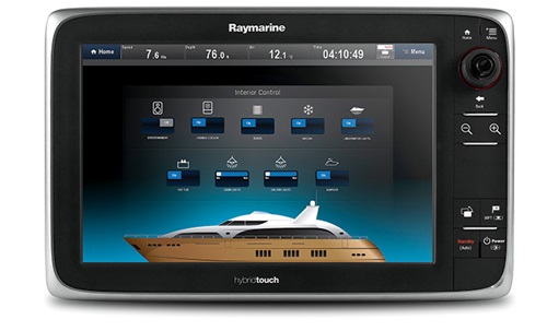 Black Raymarine hybridtouch displaying the interior controls of a vessel
