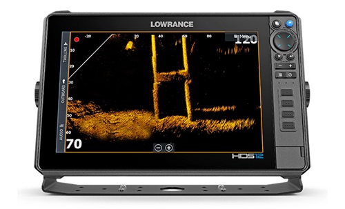 Black and gray Lowrance HDS12 real-time imaging screen 
