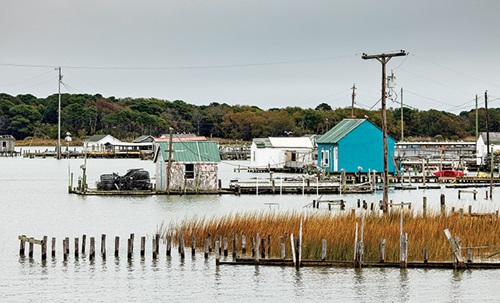 A number of white sheds and a large blue one on an empty dock with overcast skies.