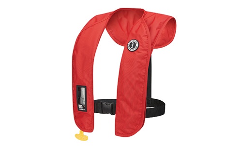 Red and black inflatable life jacket.