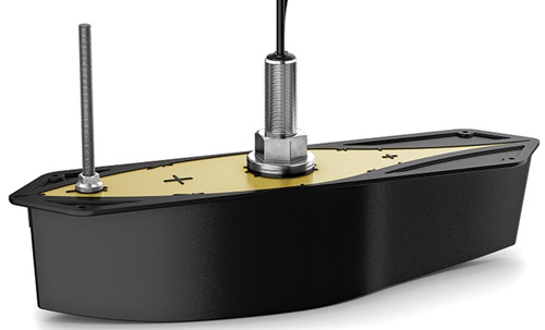 Black, silver and tan Garmin sainless-steel sonar transducer.