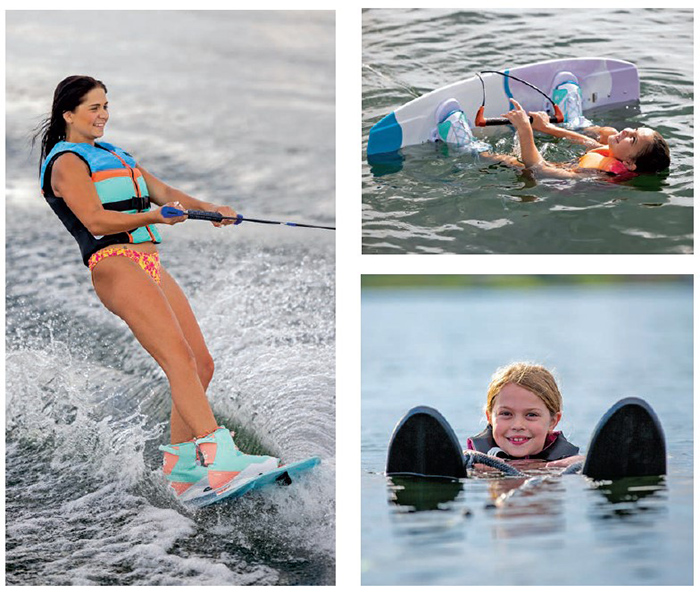 Three photos of young women enjoying tow water sports out on the water.