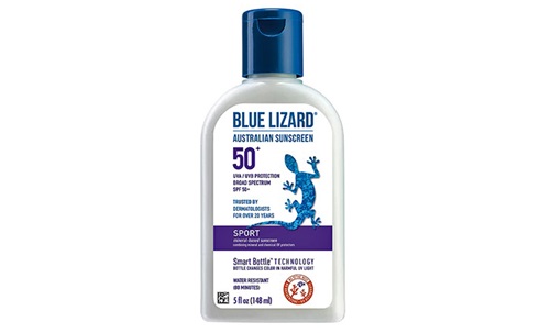 A white bottle with a blue top of Blue Lizard Sport Mineral-Based Sunscreen