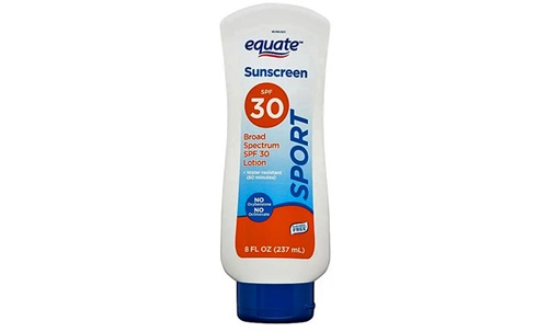 White, red and blue bottle of Equate Sport Broad Spectrum  Sunscreen Lotion