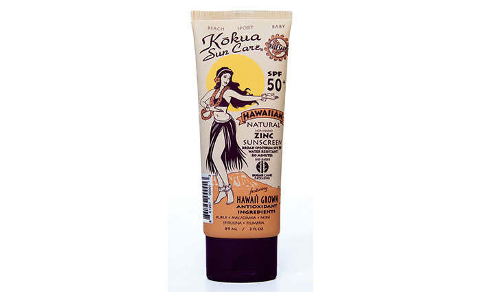 Cream and brown colored bottle of Kokua Sun Care Hawaiian SPF 50 Natural Zinc Sunscreen with hula dancer on label