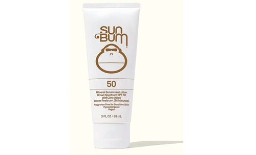 White bottle of Sun Bum Mineral SPF 50 and  Original SPF 50 Sunscreen Lotion