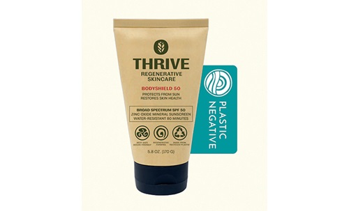 Black and tan bottle of Thrive Bodyshield 50 sunscreen