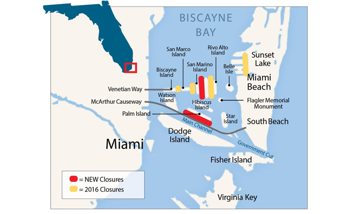 Map showing the anchorage closures in Biscayne Bay near Miami.