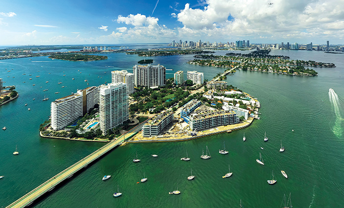 Aerial view of Belle Isle, the Venetian ­Island closest to Miami Beach, looking west toward downtown Miami