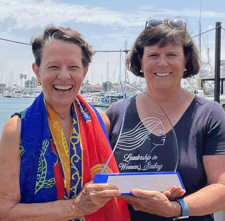 The previous year’s BoatUS/NWSA Leadership in Women’s Sailing Award honoree Jerelyn Biehl (R); and NWSA Board Member Debbie Huntsman (L).